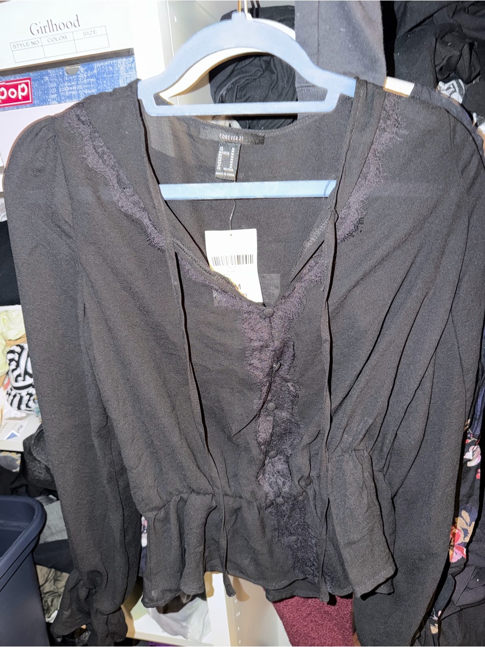 Forever 21 Black Long Sleeve Ruffled Blouse - Lace Trim